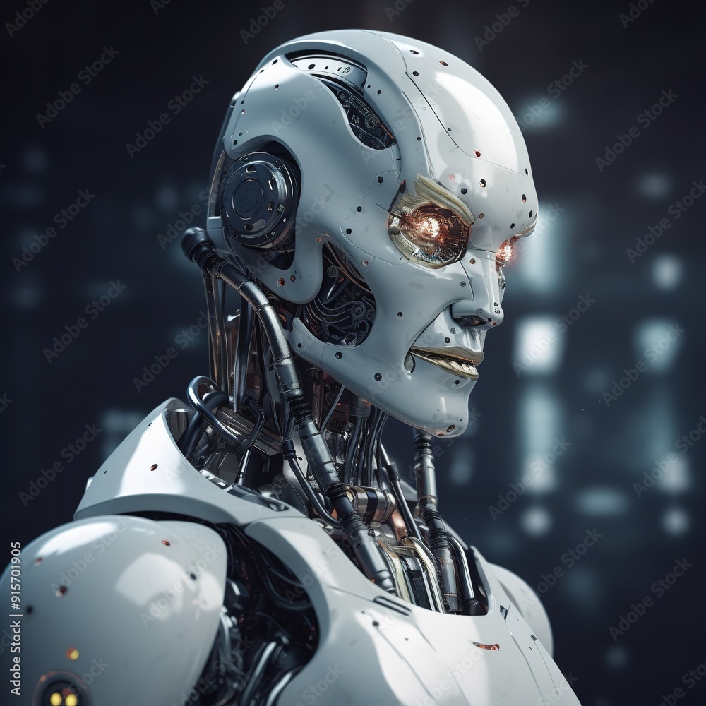 Close-up of a futuristic robot's head with glowing red eyes. Close-up of a futuristic robot's head with glowing red eyes.