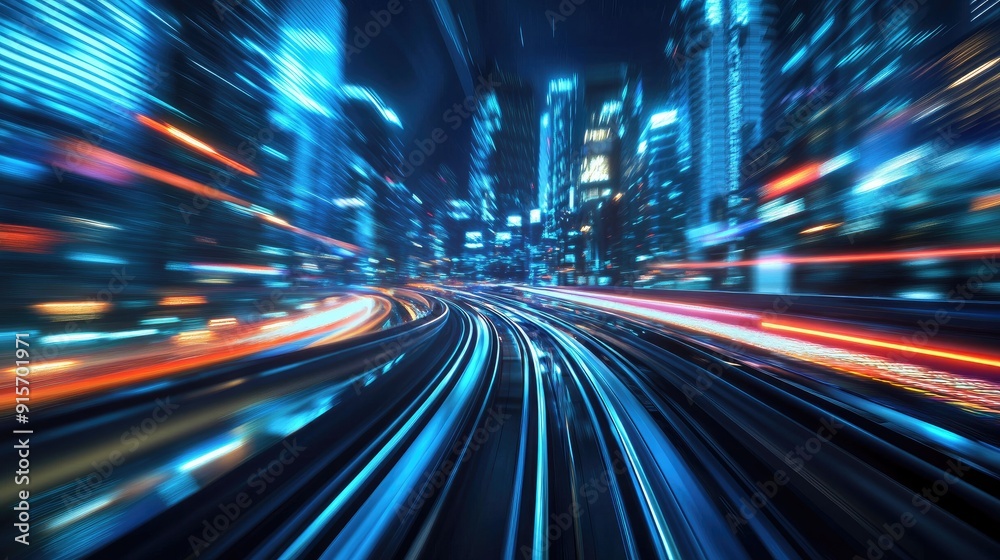 Obraz premium Night city with a high-speed hyperloop. Blurred lights from buildings enhance the futuristic tech concept in the 3D illustration.