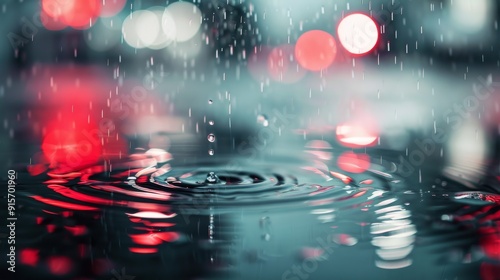 Ripples Created by Raindrops on Calm Water With Bokeh Background