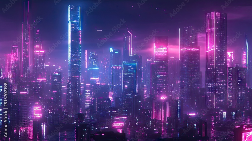 Panoramic night view of a futuristic city illuminated by neon lights. Modern skyscrapers and buildings create a vibrant, cyberpunk skyline. Panoramic night view of a futuristic city illuminated by neon lights. Modern skyscrapers and buildings create a vibrant, cyberpunk skyline.