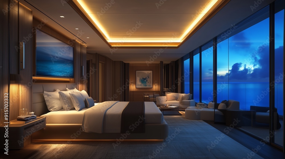 Naklejka premium Luxurious modern bedroom with ocean views and ambient lighting during twilight hours