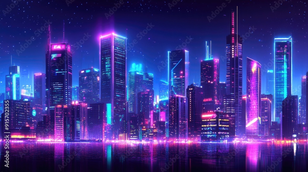 Panoramic view of a vibrant, futuristic city at night with bright neon lights and high-tech skyscrapers. Dark background with a cyberpunk aesthetic. Panoramic view of a vibrant, futuristic city at night with bright neon lights and high-tech skyscrapers. Dark background with a cyberpunk aesthetic.