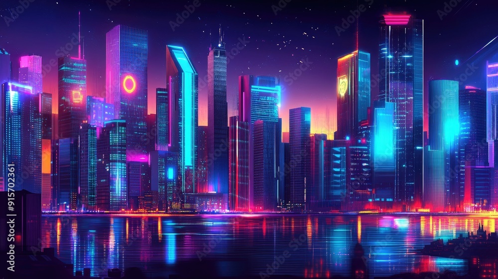 Panoramic view of a vibrant, futuristic city at night with bright neon lights and high-tech skyscrapers. Dark background with a cyberpunk aesthetic.