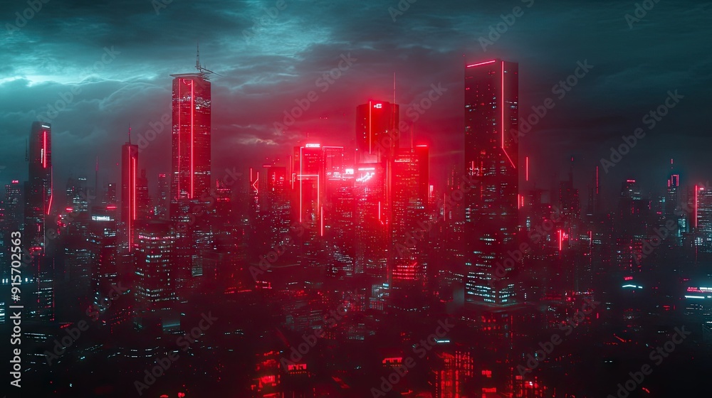 Obraz premium Red neon lights cast a glow over a dark cyberpunk city. 3D illustration with a technology-rich background and futuristic ambiance. -