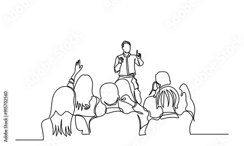 One continuous line drawing of the Audience in the conference hall. The public speaker talks and gives instructions in the conference hall. The public speaker in lectures, in front of the audience.