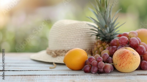 Fresh Fruits and Hat Against Natural Background on Sunny Day