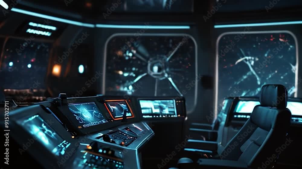 Futuristic Spaceship Bridge with Advanced Technology and Starfield View Futuristic Spaceship Bridge with Advanced Technology and Starfield View