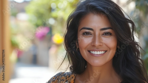 A mid-age female model with a warm smile enjoys a sunny day in a garden