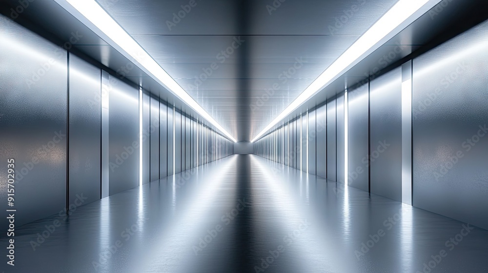 Reflective textured corridor with glowing lights extending infinitely. 3D illustration. Reflective textured corridor with glowing lights extending infinitely. 3D illustration.