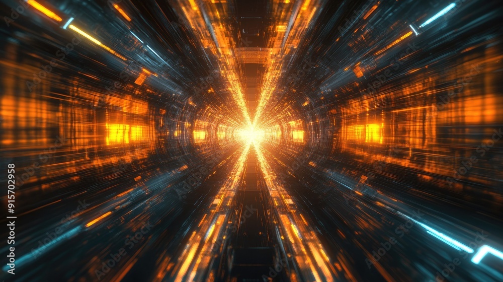 Reflective textured tunnel with bright, glowing lights extending infinitely. Sci-fi background. Reflective textured tunnel with bright, glowing lights extending infinitely. Sci-fi background.