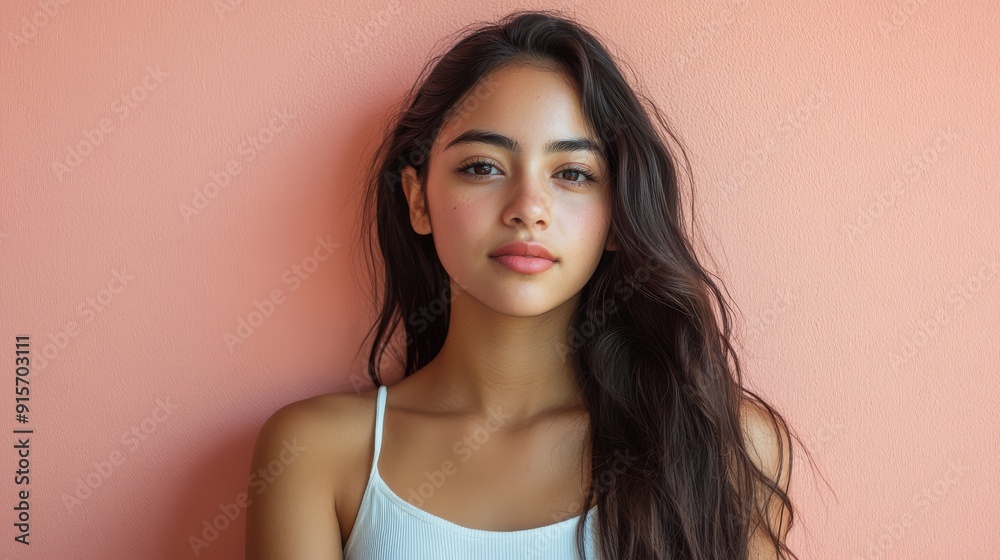 A young model exudes confidence with her captivating gaze and flowing hair A young model exudes confidence with her captivating gaze and flowing hair