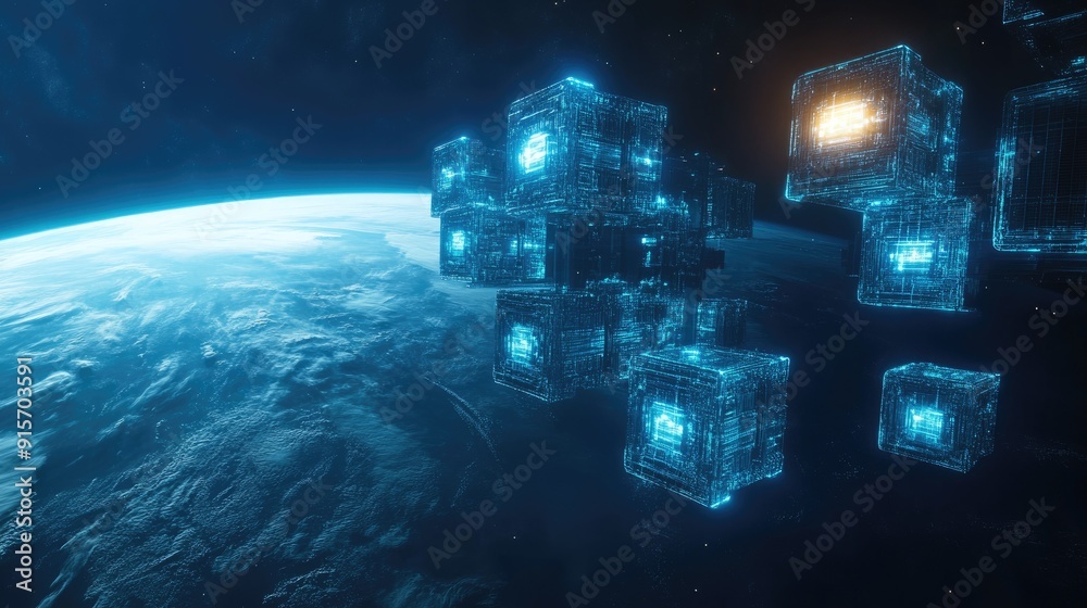 Sci-fi space station composed of glowing cubes, orbiting a distant planet. 3D illustration. Sci-fi space station composed of glowing cubes, orbiting a distant planet. 3D illustration.