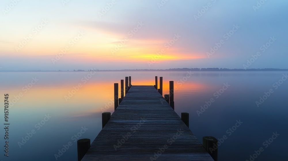 Obraz premium Tranquil Monday Morning Sunrise on the Pier with Calm Waters