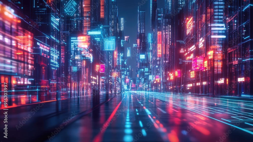 Obraz premium Street in a metaverse city with glowing holograms and blockchain integration. Digital illustration.