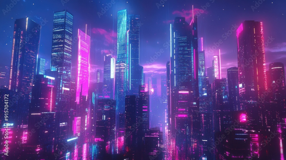 Obraz premium Urban skyline of a future city with skyscrapers adorned in neon lights and digital displays. Digital illustration.