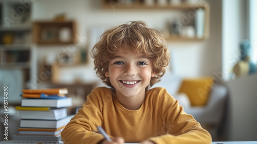 A boy with a bright smile sits at a clean white table, focused on writing in a notebook, surrounded by minimalistic school supplies and a small stack of books.