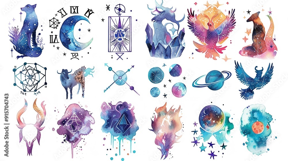 Naklejka premium Astrology-themed tarot cards,Clipart, watercolor illustration, Perfect for nursery art The style is hand drawn, white background