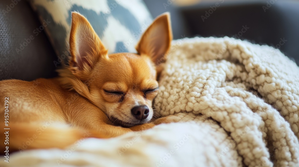 A Brown Chihuahua Dog Sleeping on a Soft White Blanket A Brown Chihuahua Dog Sleeping on a Soft White Blanket