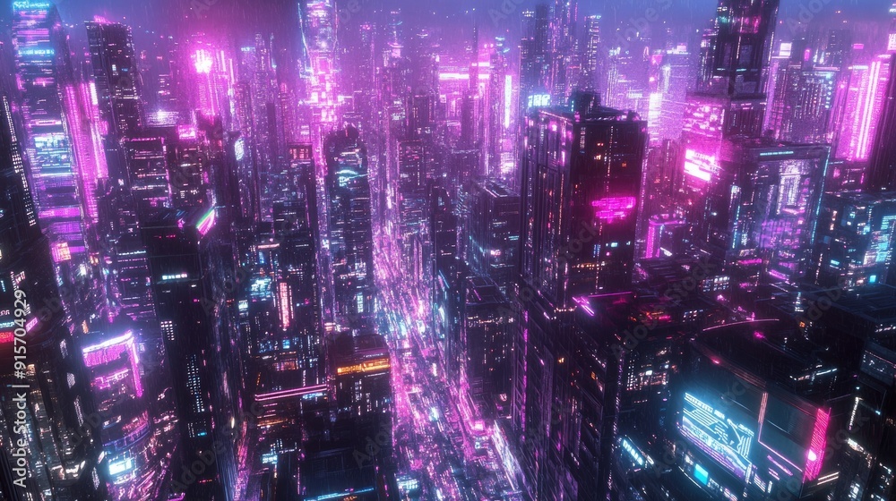 Wide view of a colorful futuristic city at night with bright neon lights. Cyberpunk and retro wave cityscape with vibrant illumination. Wide view of a colorful futuristic city at night with bright neon lights. Cyberpunk and retro wave cityscape with vibrant illumination.