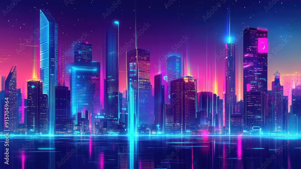 Wide view of a vibrant futuristic cityscape at night with colorful neon lights. Retro wave and cyberpunk style highlighting the bright city skyline. - Wide view of a vibrant futuristic cityscape at night with colorful neon lights. Retro wave and cyberpunk style highlighting the bright city skyline. -