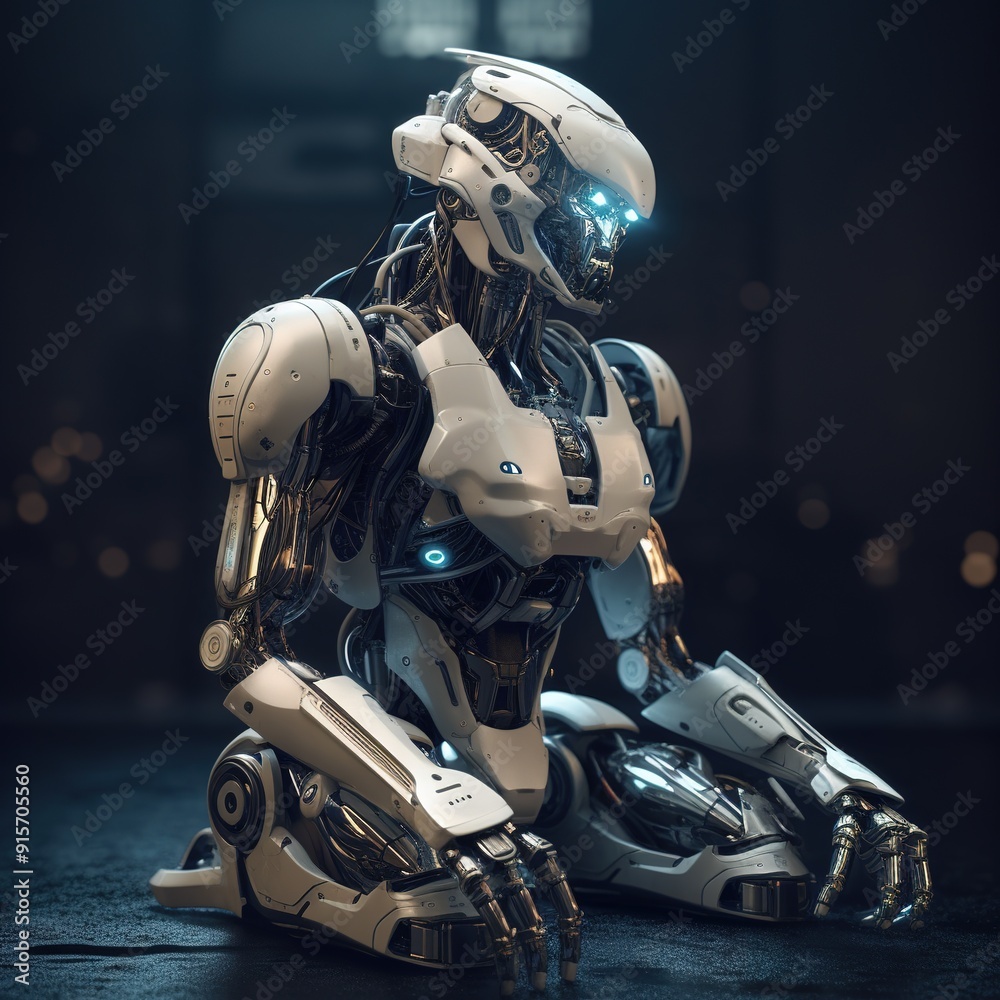 A futuristic robot sits with a thoughtful expression, showcasing its intricate mechanical design. A futuristic robot sits with a thoughtful expression, showcasing its intricate mechanical design.
