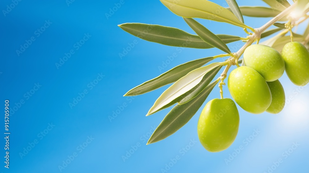 A branch of olive trees with leaves and olives hanging from it. The branch is in the sun and the sky is blue A branch of olive trees with leaves and olives hanging from it. The branch is in the sun and the sky is blue