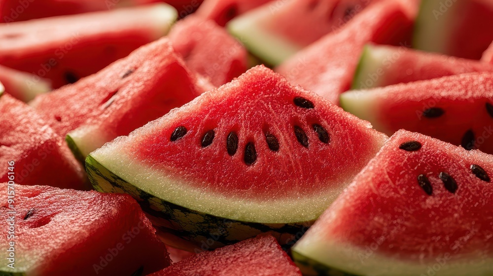 Closeup of a juicy watermelon slice, seeds visible, Labor Day picnic Closeup of a juicy watermelon slice, seeds visible, Labor Day picnic