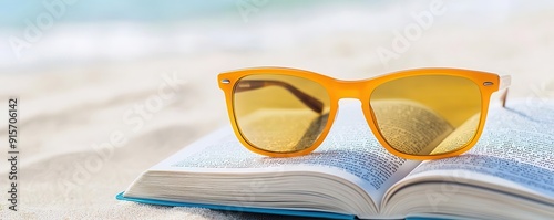 Closeup of a pair of sunglasses resting on a book, beach towel in the background, Labor Day