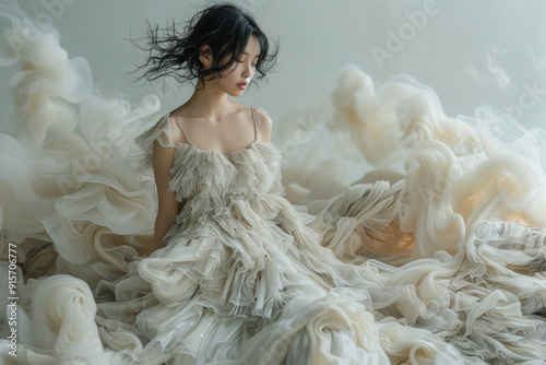 Ethereal woman in flowing dress surrounded by mist and fog