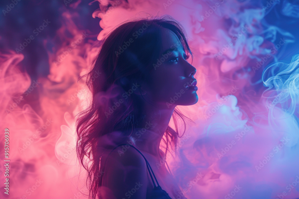 Dramatic portrait of woman in neon lights and smoke Dramatic portrait of woman in neon lights and smoke