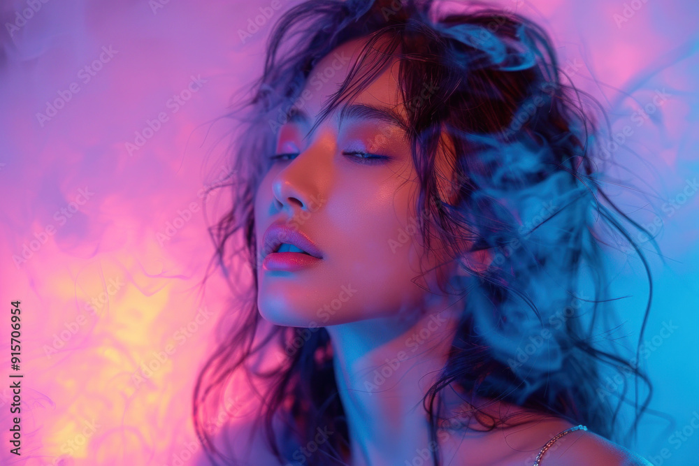 Dramatic portrait of woman in neon lights and smoke Dramatic portrait of woman in neon lights and smoke