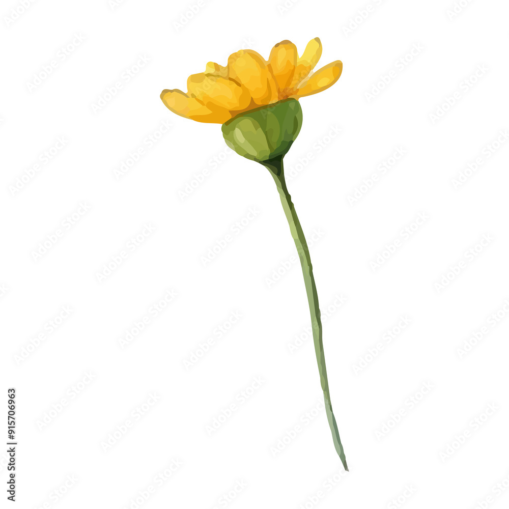 Naklejka premium Single yellow flower with green stem isolated on white background.