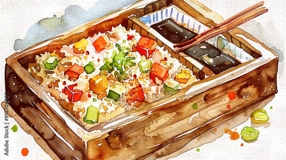 Fried Rice Box Designs Fried rice box with vegetables and soy sauce,Clipart, watercolor ...