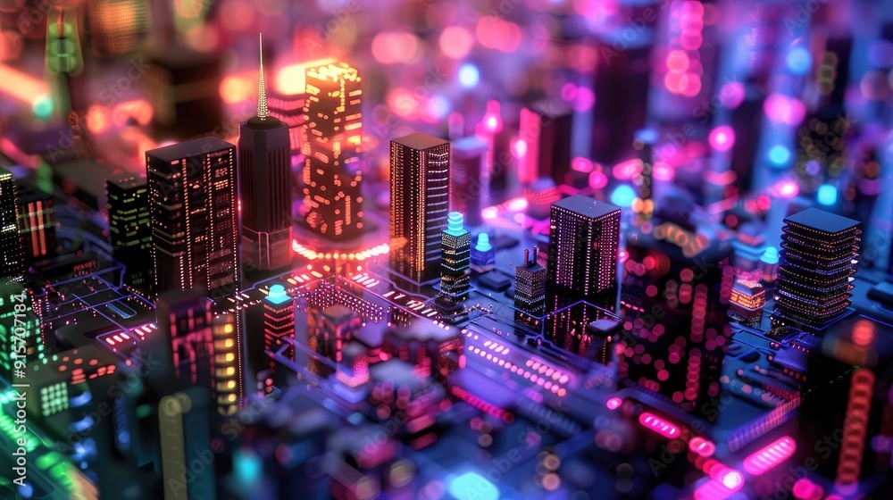Neon-lit circuit boards creating a cityscape Neon-lit circuit boards creating a cityscape