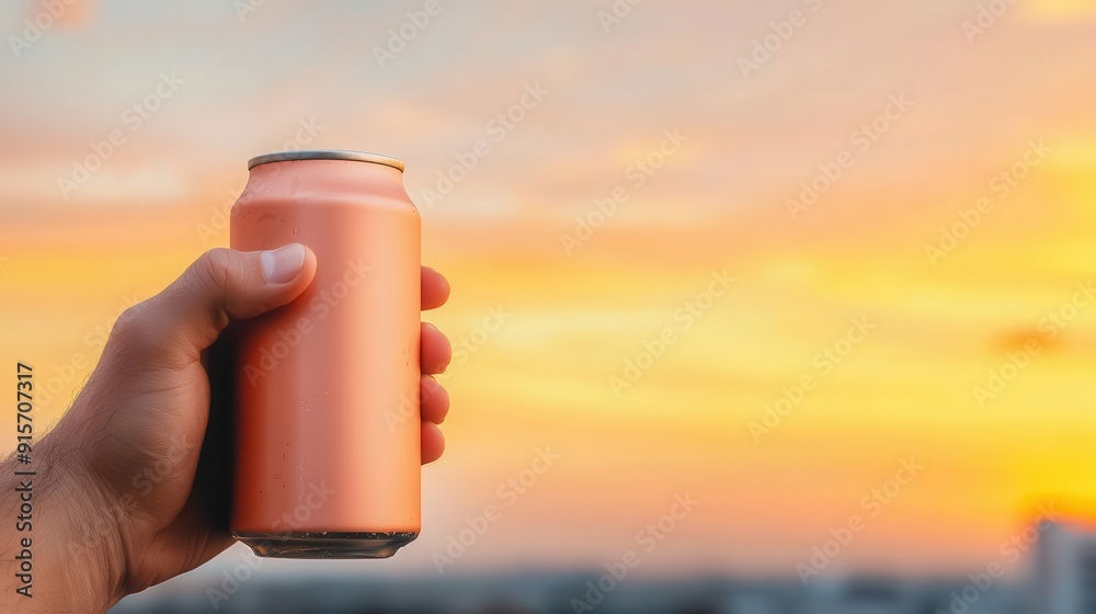 Closeup of a hand holding a soft drink can, sunset glow, Labor Day evening Closeup of a hand holding a soft drink can, sunset glow, Labor Day evening