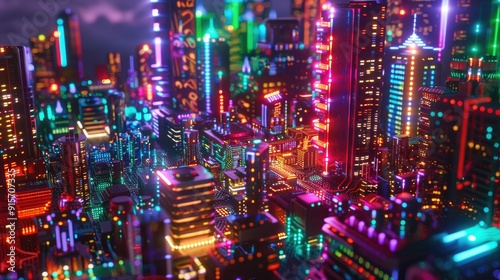 Neon-lit circuit boards creating a cityscape