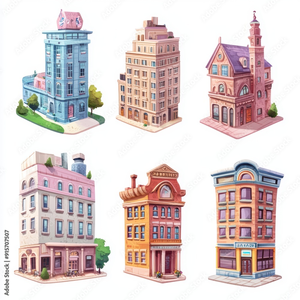 Fototapeta premium A collection of colorful building illustrations showcasing unique architecture and various styles for creative projects.