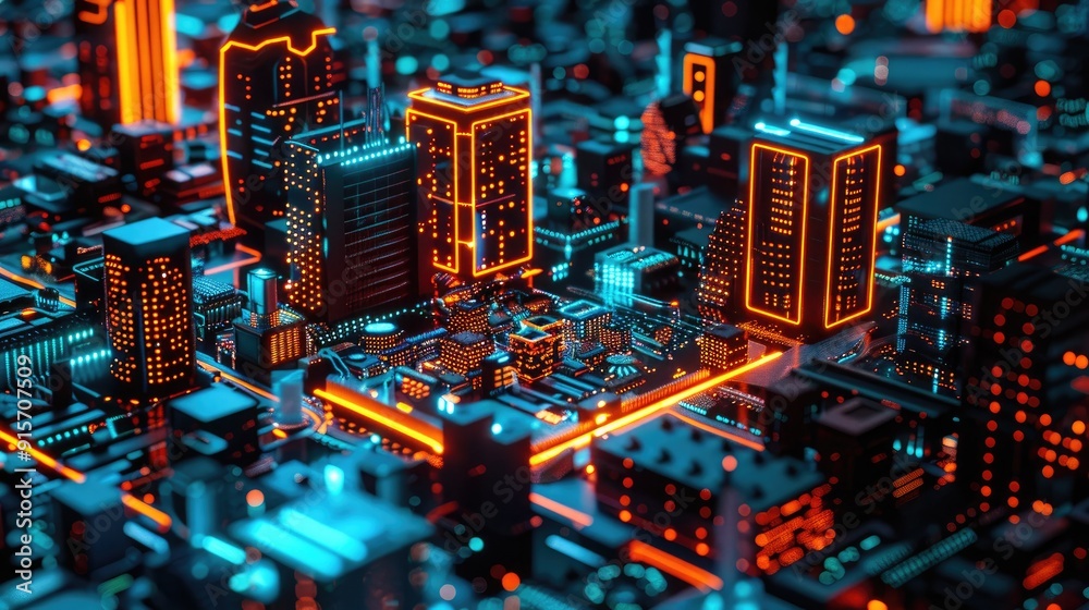 Neon-lit circuit boards creating a cityscape Neon-lit circuit boards creating a cityscape