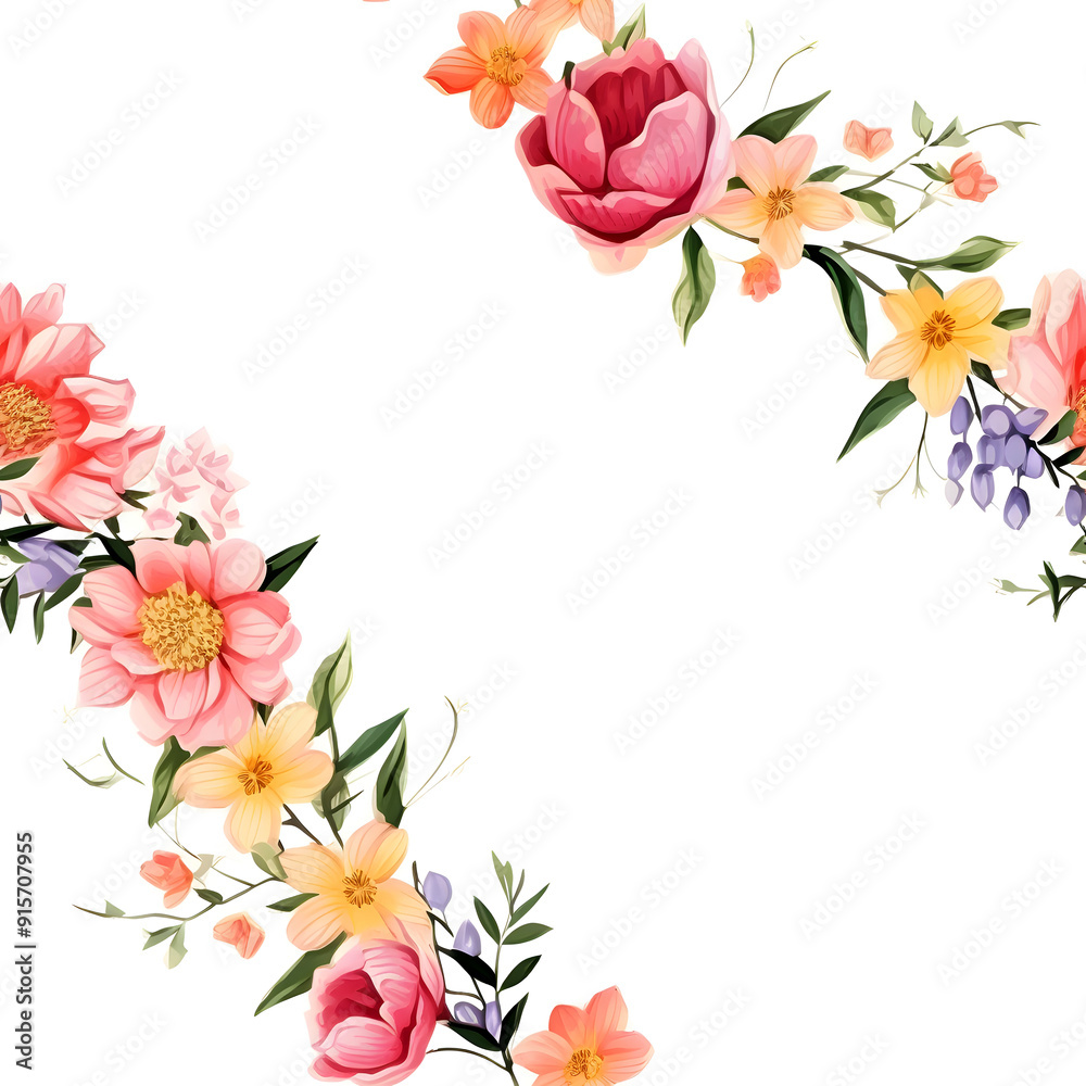 Naklejka premium Seamless Watercolor Bouquet of Spring and Summer Colorful Flowers with Border Patterns on a White Background. Abstract Floral 3D Landscape Wall Sticker. HD Seamless Flower Wallpaper