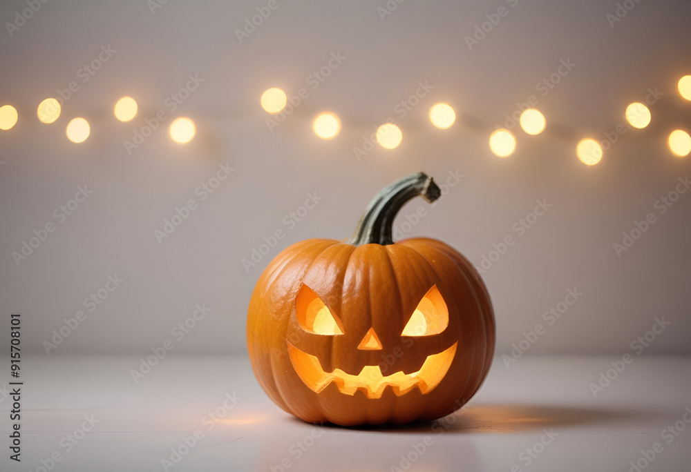 Fototapeta premium Carved jack-o'-lanterns with glowing faces, surrounded by string lights against a dark background