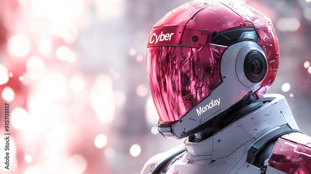 The android is a humanoid. The text is Cyber Monday. A place for the text. A banner with an android. The android is a humanoid. The text is Cyber Monday. A place for the text. A banner with an android.