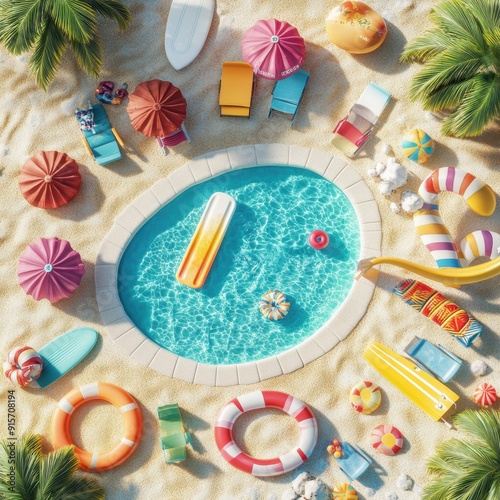 Vibrant pool scene with colorful loungers, umbrellas, and inflatables surrounded by tropical sand, capturing summer fun and relaxation. photo