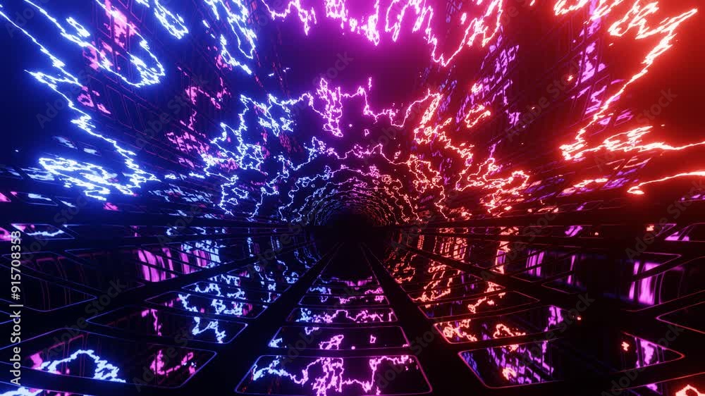 Hi-tech neon sci-fi tunel. Trendy neon glow lines form pattern and construction in mirror tunnel. Neon pattern, signal. Fly through technology cyberspace. 3d looped seamless 4k bright youth background
