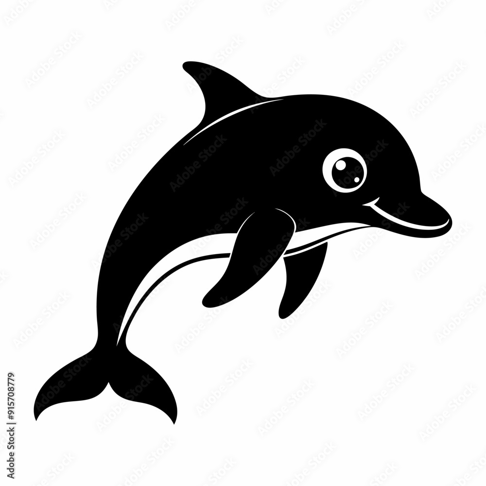 Fototapeta premium Cute dolphin silhouette. Happy cartoon kawaii animal.
