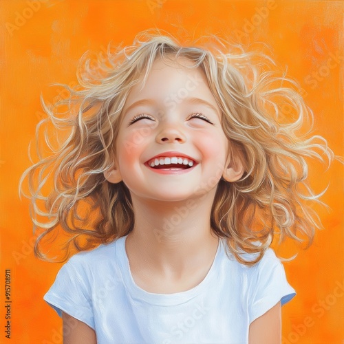 A joyful child with curly hair smiles brightly against a vibrant orange background, embodying happiness and innocence. photo