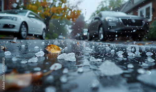 Hail Storm Over Urban House: Glazed White Hailstones Blurring Car Wheels and Tree Leaves