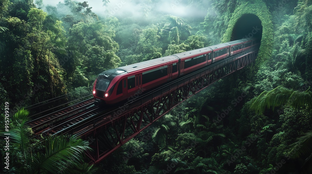 Fototapeta premium Train on the bridge in the jungle forest