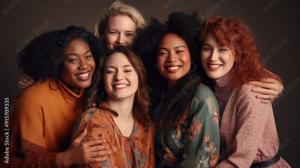 Fototapeta premium Group of diverse multiethnic young women smiling and embracing together in a studio setting.