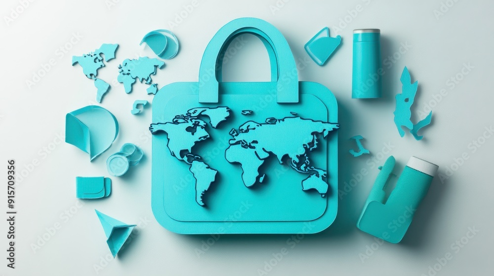 Turquoise travel bag with world map icons, paper cut style, flat lay, white background Turquoise travel bag with world map icons, paper cut style, flat lay, white background
