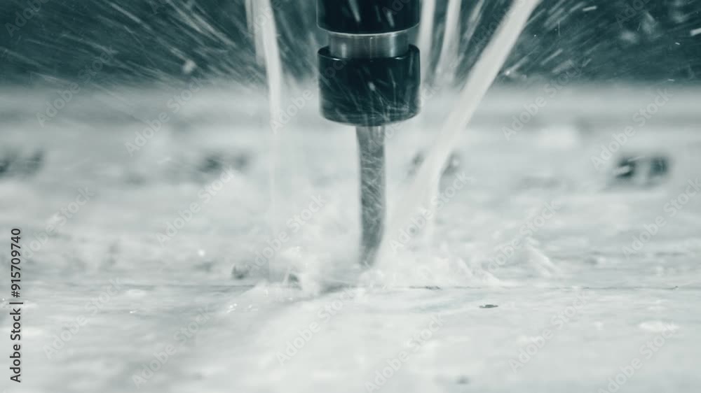 Precision engineering in industrial manufacturing processes: cnc machine drilling into metal with coolant flow for efficient metal fabrication Precision engineering in industrial manufacturing processes: cnc machine drilling into metal with coolant flow for efficient metal fabrication